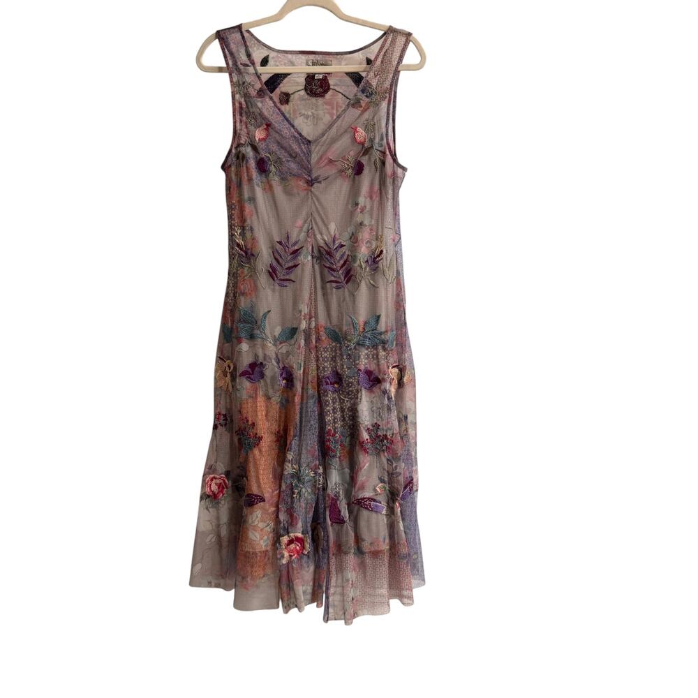 Johnny Was Silvana Midi Dress Womens M Multicolor Embroidered Floral Mesh Lined - Picture 3 of 14